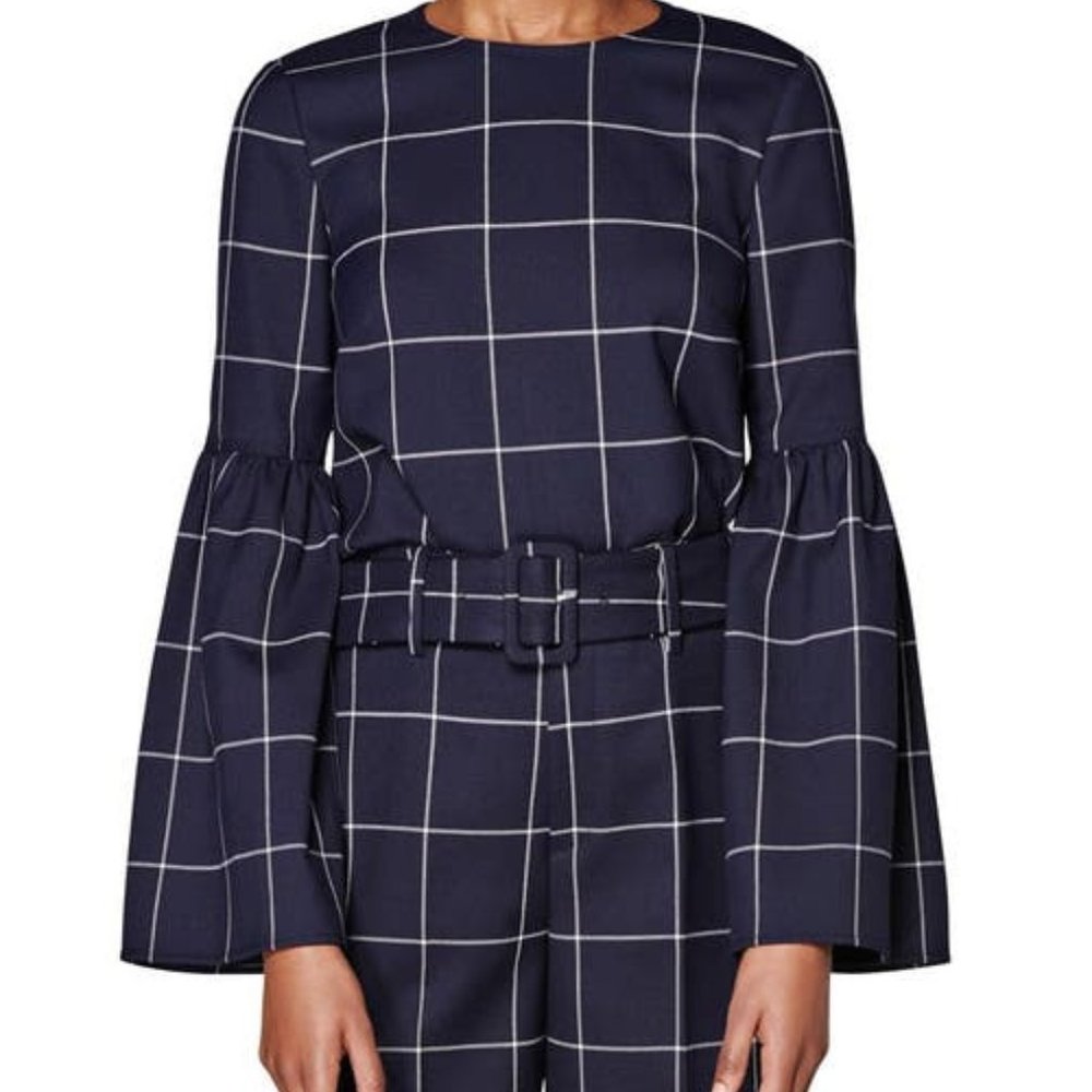 NEW SUISTUDIO Dixon Blouse Long Sleeve Bell Trim Windowpane Checkered Navy White - Picture 2 of 4